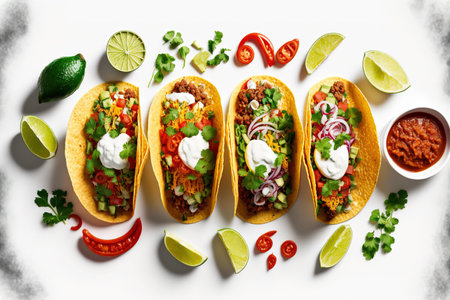 Traditional Mexican tacos displayed in a variety on a white backdropの素材