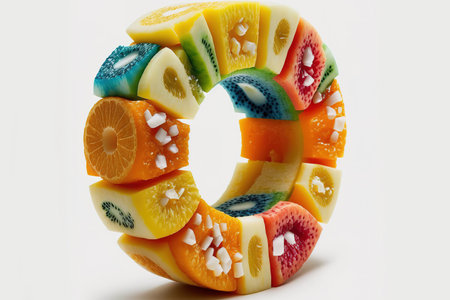 Tropical fruit ring. Isolated fruit chunks on a white backdropの素材