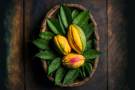 Tropical fruit mango in a wooden basket set against a background of leaves, top viewの素材