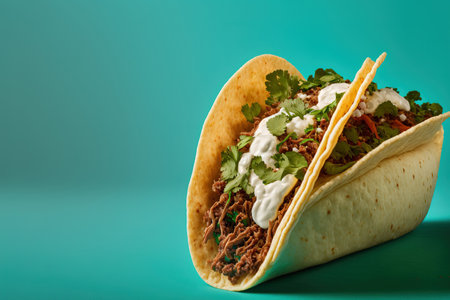Traditional Mexican barbacoa slow cooked lamb tacos against a turquoise backgroundの素材