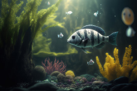 Tropical fish in an aquarium, both white and black. fish underneath the surfaceの素材