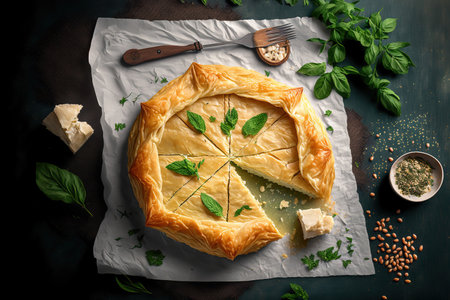 Traditional phyllo pie with feta cheese. pale backgroundの素材