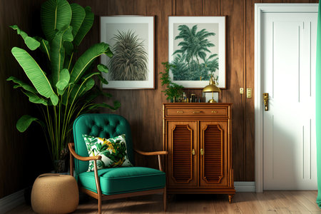 Tropical style interior living room with wooden mini cabinet and chairの素材