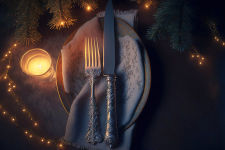 top view of a fork and knife on a napkin with a tree for the new year and Christmas decorationsの素材
