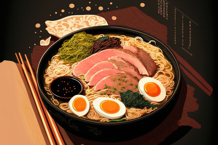 Traditional Japanese soup ramen with Asian noodles, pickled ginger, sliced pork, seaweed, and meat broth. Background. Asian cuisine. For text only. looking up. Dinnertime hot and excellent ramen soupの素材