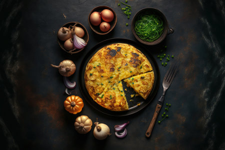 Typical Spanish food is an omelette with potatoes and onions. Spanish tortilla. Dark, rustic background a top viewの素材