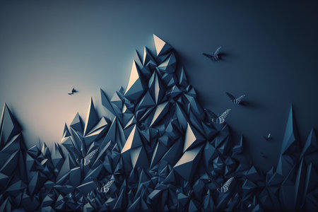 Triangle filled polygonal image in dark blue. gradient colored geometric backdrop in the origami style. Triangle shaped branding for your companyの素材