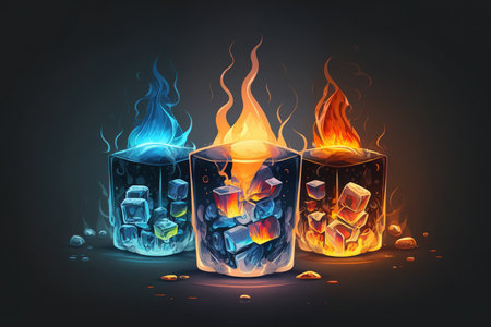 three ice cubes against the background of fire, fire and ice, place under the textの素材