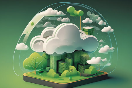 transparent glass cloud with a data sharing icon on the ground and a green city backdrop. media mixの素材