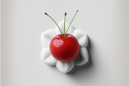 top view of a solitary fresh cherry design on a white backgroundの素材