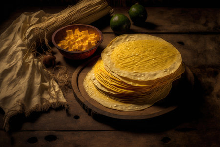 tortillas made of fresh, yellow maize over a wood backdropの素材