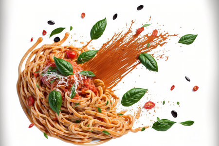 Up from a plate of freshly prepared pasta with tomato sauce and basil leavesの素材