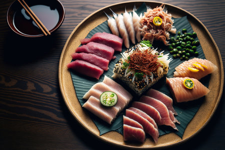 Various pieces of tuna sashimi on a platterの素材
