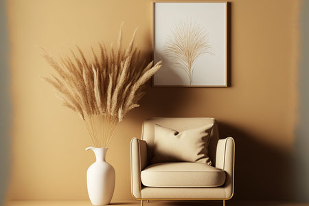 Warm toned living room interior wall mockup with a beige linen chair and contemporary vase holding dried Pampas grass. Illustration of a bohemian ornamentation on a blank wallの素材
