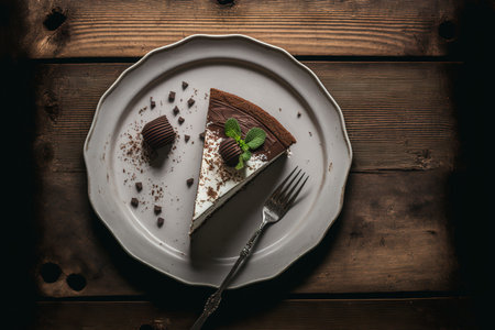 View from above of a slice of chocolate cheesecake on a dish against a backdrop of weathered white woodの素材