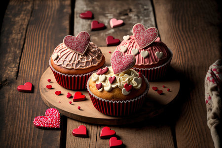 Valentine cupcakes on a wooden table with charming heart decorationsの素材