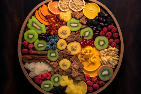 View from above of dried fruits and berries in a wooden dish. fruits and vegetables including raisins, kiwis, cherries, plums, dates, pineapples, figs, and melonの素材