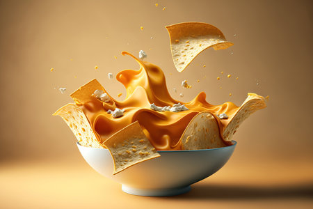 Vertical cheesy nachos or tortilla chips float above the bowlの素材