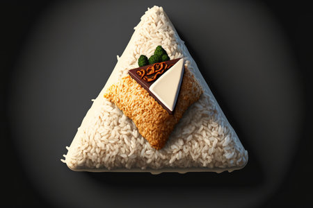 View from the top of a delicious, traditional Onigiri, a Japanese dish comprised of white rice shaped into triangles and topped with pan fried chicken. the space barの素材