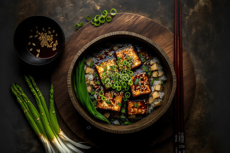 Vegan fried teriyaki tofu in a bamboo bowl with scallions and sesame seeds. Asian inspired dishesの素材
