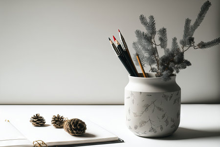 Vase with Christmas decorations and notebook with copy space on white backgroundの素材