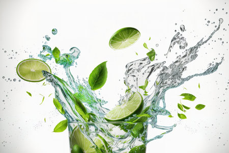 Water splash on white background with lime slices, mint leaves, and ice cubes as a concept for summertime libationsの素材