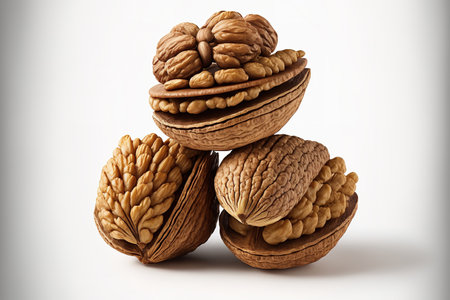 Walnuts in a stack on a white backgroundの素材