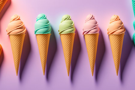 Waffle cones filled with pastel ice cream, a vivid background, and copy spaceの素材