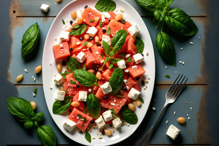 Watermelon Feta salad featuring feta cheese, mint leaves, and watermelon scoops on a white wood table. Italian summer salad that is light and healthful. the space barの素材