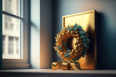 Warmth with a golden present and a wreath on the windowsillの素材