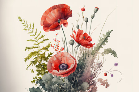 Watercolor artwork of red poppies and plants on a white, blank backdrop. pleasant summer drawingの素材