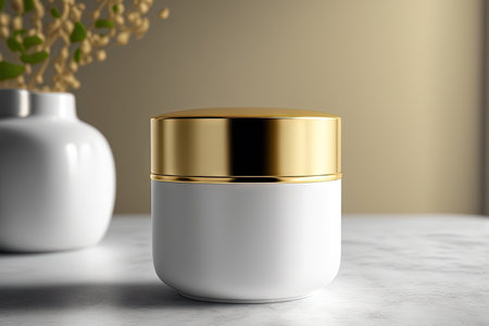 White and golden, blank, unbranded cosmetic cream jar standing on the table at home. Skin care product presentation. Elegant mockup. Skincare, beauty and spa. Jar with copy spaceの素材