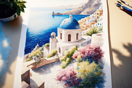 watercolor painting created by hand of the stunning island of Santorini. painting of a scene with a white building, a home, a blue ocean, a terrace, trees, flowers, indoor plants, a stairway, a coast,の素材