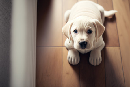 White Labrador puppy waiting for owner in modern home interior, warm toned high angle view, copy spaceの素材