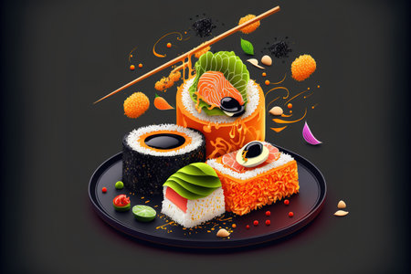 using chopsticks to eat sushi. Japanese food sushi roll in a restaurant. California Salmon, veggies, flying fish roe, and caviar in a sushi roll set. Restaurant menu for Japanの素材