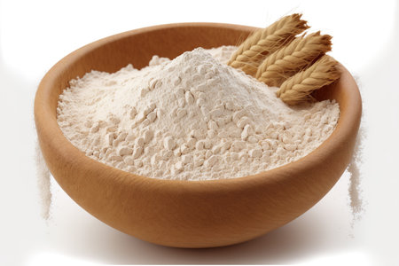 Wheat ears and flour are depicted on a white background in a wooden bowl. Close up, Stock Imageの素材