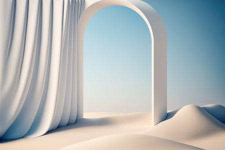 White and blue minimalist artwork featuring an abstract archway, curtain, chair, sand dunes, and pool. Background design for a product presentationの素材