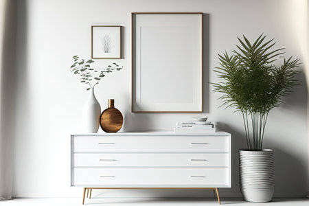 White modern interior with dresser and decorations. Mockup background for an illustrationの素材