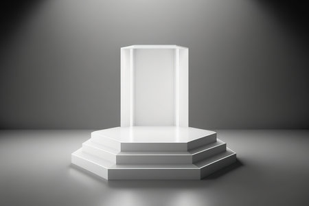 White abstract simple hexagonal podium platform for a presentation or product showcasing. Glow in the dark line on a white background. pristine room sceneの素材