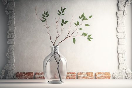 White brick wall, a background of an empty room, and a glass vase with a branchの素材