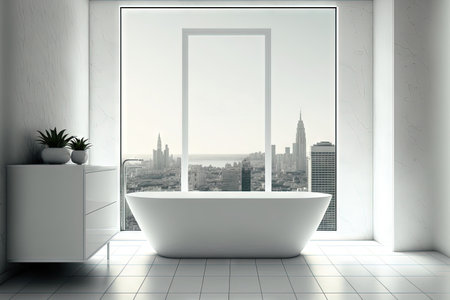 White mock up square poster above modern bathroom with floor to ceiling window view of cityの素材
