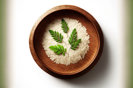white backdrop with an illustration of rice in a wooden bowl. looking up. Lay flatの素材