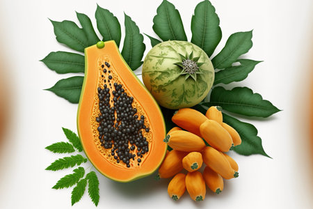 White background with recently ripened papaya fruits and green plantsの素材