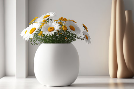 white flowers in white ceramic vase in white interiorの素材