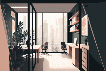 vertical illustration of a modern office interior with no people in it and an empty coworking areaの素材