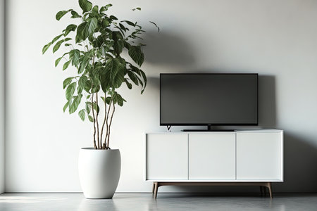 White color wall Background, minimal living room interior decor with a TV cabinetの素材