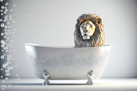 White bathtub with a background of glittering silver sequin lionsの素材