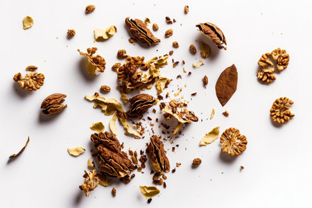 walnut pieces dropping on a white backgroundの素材