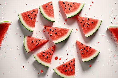 white backdrop with slices of watermelonの素材