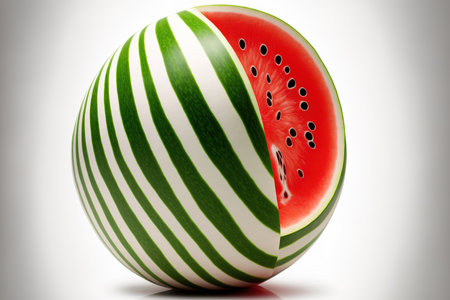 Watermelon fruit with stripes on a white backdropの素材